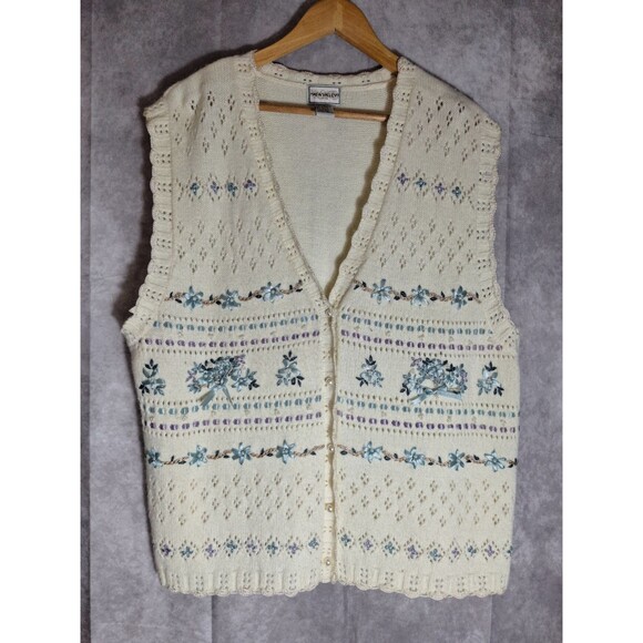 Vtg NAPA VALLEY Embroidered Beaded Sweater Vest Cardigan Women's XL Cottagecore - Picture 1 of 10